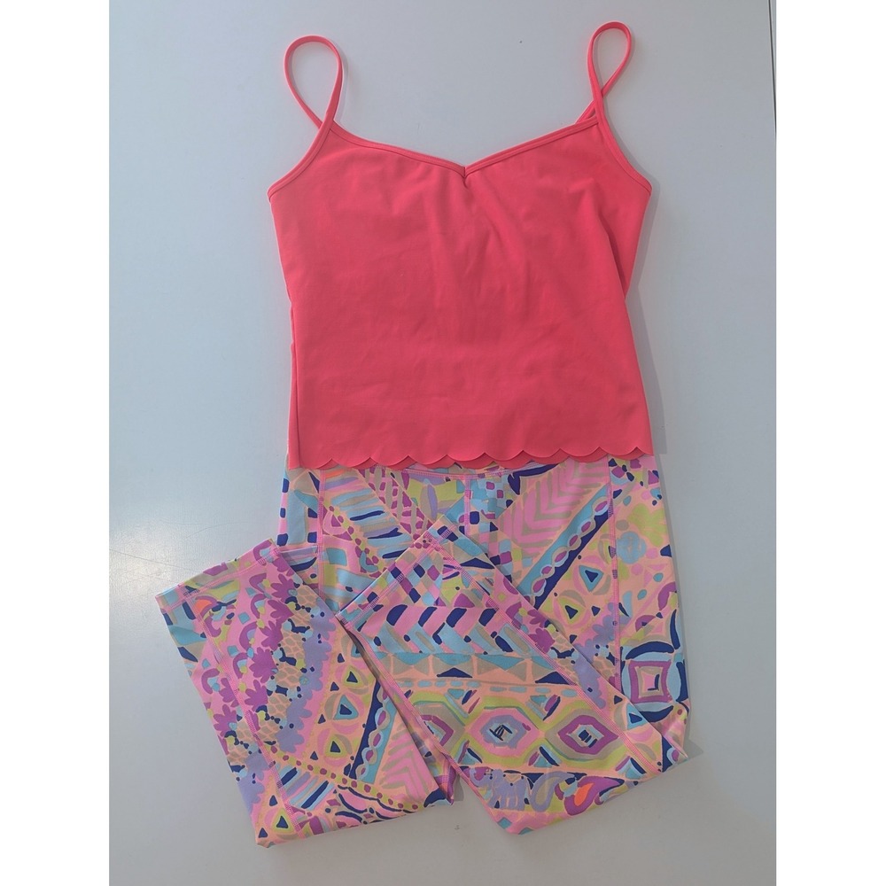 Lilly Pulitzer Luxletics 2pc Workout Set Medium Pink Scallop Tank Leggings EUC